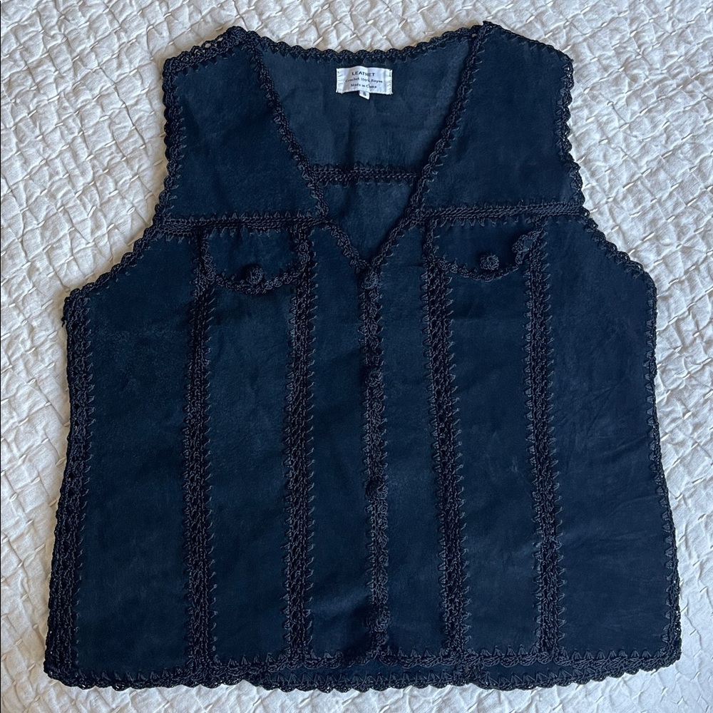 Black Boho Crochet Lace Trim Vest